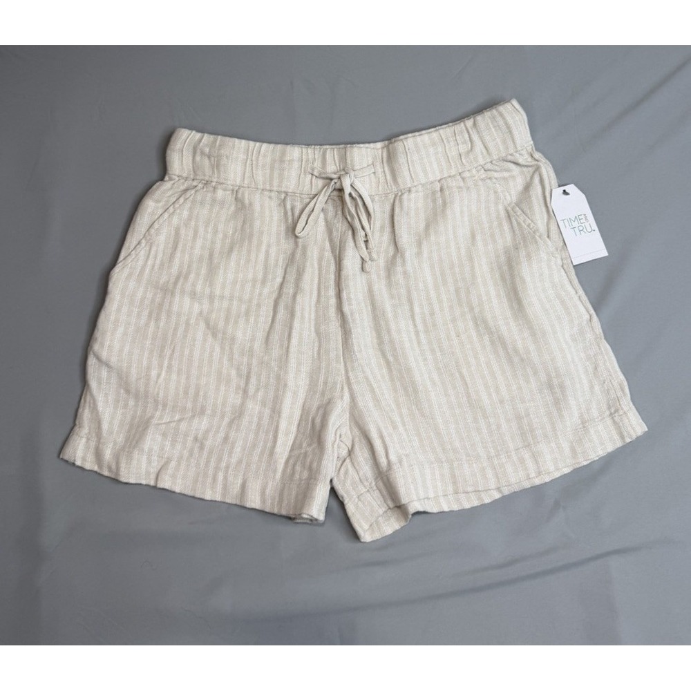 Time & Tru Women's Linen Blend Pull On Shorts Small (4-6) Beige Stripe New Beach